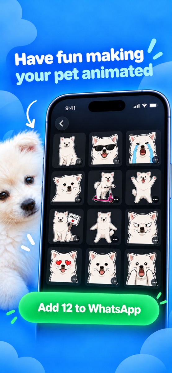 A white puppy and illustrated pet reactions in ZipZap’s animated sticker pack preview